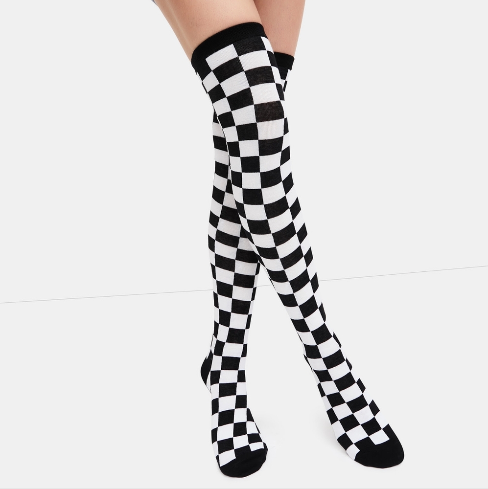 Checkered headband and thigh high socks set